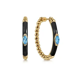 Sale Gabriel & Co. Enamel - 14K Yellow Gold Bujukan Beads and Blue Topaz Classic Hoop Earrings with Black Enamel