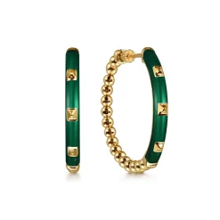 New Gabriel & Co. Enamel - 14K Yellow Gold Bujukan Beads Classic Hoop Pyramid Earrings with Chrome Green Enamel