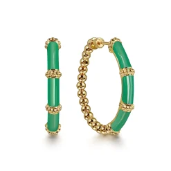 Best Gabriel & Co. Enamel - 14K Yellow Gold Bujukan Beads and Bar Split Classic Hoop with Emerald Green Enamel