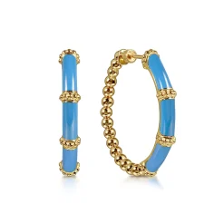 Sale Gabriel & Co. Enamel - 14K Yellow Gold Bujukan Beads and Bar Split Classic Hoop with Dusk Blue Enamel