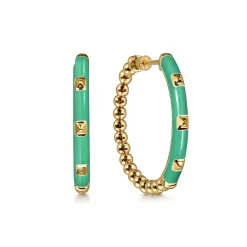 Discount Gabriel & Co. Enamel - 14K Yellow Gold Bujukan Beads Classic Hoop Pyramid Earrings with Mint Green Enamel