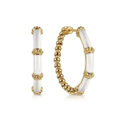 Gabriel & Co. Enamel - 14K Yellow Gold Bujukan Beads and Bar Split Classic Hoop with White Enamel
