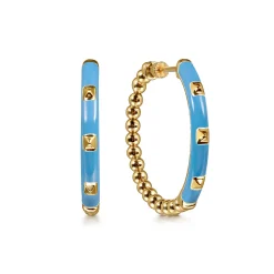 New Gabriel & Co. Enamel - 14K Yellow Gold Bujukan Beads Classic Hoop Pyramid Earrings with Dusk Blue Enamel