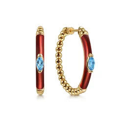 Clearance Gabriel & Co. Enamel - 14K Yellow Gold Bujukan Beads and Blue Topaz Classic Hoop Earrings with Chrome Red Enamel