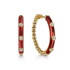 Online Gabriel & Co. Enamel - 14K Yellow Gold Bujukan Beads and Diamond Split Classic Hoop with Chrome Red Enamel