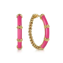 Online Gabriel & Co. Enamel - 14K Yellow Gold Bujukan Beads and Bar Split Classic Hoop with Fuchsia Enamel
