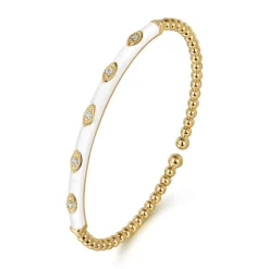 Clearance Gabriel & Co. Enamel - 14K Yellow Gold Bujukan Beads and Diamond Split Bangle with White Enamel