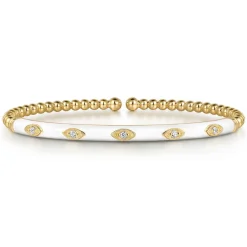 Clearance Gabriel & Co. Enamel - 14K Yellow Gold Bujukan Beads and Diamond Split Bangle with White Enamel