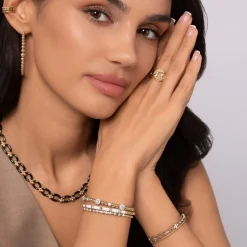 Gabriel & Co. Enamel - 14K Yellow Gold Bujukan Beads and Pyramid Split Bangle with White Enamel