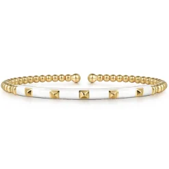 Gabriel & Co. Enamel - 14K Yellow Gold Bujukan Beads and Pyramid Split Bangle with White Enamel