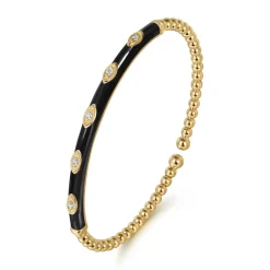 Clearance Gabriel & Co. Enamel - 14K Yellow Gold Bujukan Beads and Diamond Split Bangle with Black Enamel