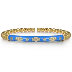 Outlet Gabriel & Co. Enamel - 14K Yellow Gold Bujukan Beads and Diamond Split Bangle Bracelet with Blue Enamel
