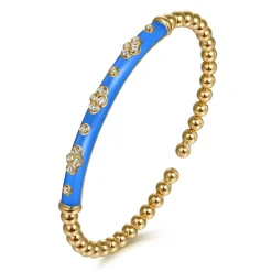 Outlet Gabriel & Co. Enamel - 14K Yellow Gold Bujukan Beads and Diamond Split Bangle Bracelet with Blue Enamel