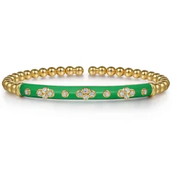 Discount Gabriel & Co. Enamel - 14K Yellow Gold Bujukan Beads and Diamond Split Bangle Bracelet with Emerald Green Enamel