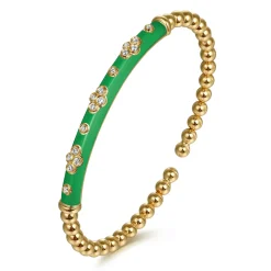 Discount Gabriel & Co. Enamel - 14K Yellow Gold Bujukan Beads and Diamond Split Bangle Bracelet with Emerald Green Enamel