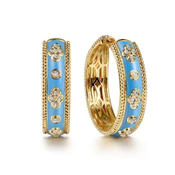 Gabriel & Co. Enamel - 14K Yellow Gold Bujukan Diamond Classic Hoop Earrings with Dusk Blue Enamel