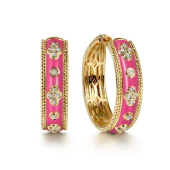 Clearance Gabriel & Co. Enamel - 14K Yellow Gold Bujukan Diamond Classic Hoop Earrings with Fuchsia Enamel