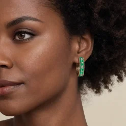 Best Gabriel & Co. Enamel - 14K Yellow Gold Bujukan Diamond Classic Hoop Earrings with Chrome Green Enamel