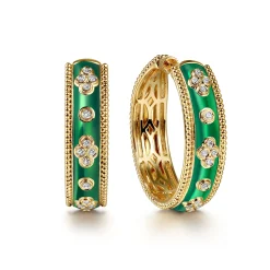 Best Gabriel & Co. Enamel - 14K Yellow Gold Bujukan Diamond Classic Hoop Earrings with Chrome Green Enamel