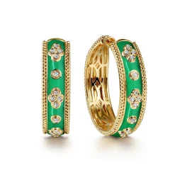 New Gabriel & Co. Enamel - 14K Yellow Gold Bujukan Diamond Classic Hoop Earrings with Emerald Green Enamel