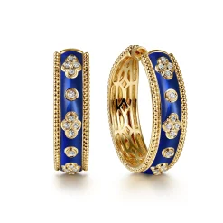 Clearance Gabriel & Co. Enamel - 14K Yellow Gold Bujukan Diamond Classic Hoop Earrings with Chrome Blue Enamel