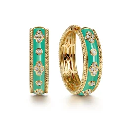New Gabriel & Co. Enamel - 14K Yellow Gold Bujukan Diamond Classic Hoop Earrings with Mint Green Enamel