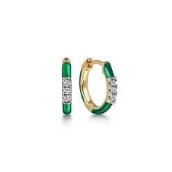 New Gabriel & Co. Enamel - 14K Yellow Gold Classic Diamond Huggies with Chrome Green Enamel