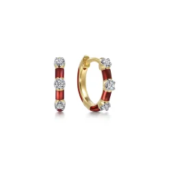 New Gabriel & Co. Enamel - 14K Yellow Gold Classic Diamond Station Huggies with Chrome Red Enamel