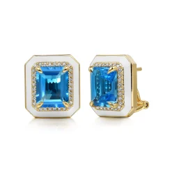 Gabriel & Co. Enamel - 14K Yellow Gold Diamond and Blue Topaz Earrings with White Enamel