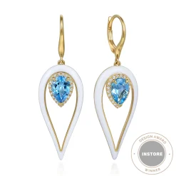 Hot Gabriel & Co. Enamel - 14K Yellow Gold Diamond and Pear Blue Topaz Drop Earrings with White Enamel