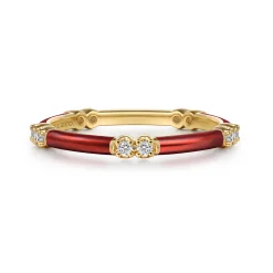 Clearance Gabriel & Co. Enamel - 14K Yellow Gold Diamond Station Stackable with Chrome Red Enamel