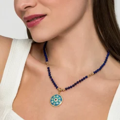 Outlet Gabriel & Co. Enamel - 14K Yellow Gold 24mm Diamond Blue Sapphire and Blue Topaz Bujukan Multicolor Enamel Medallion Pendant With Detachable Bail