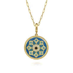 Outlet Gabriel & Co. Enamel - 14K Yellow Gold 24mm Diamond Blue Sapphire and Blue Topaz Bujukan Multicolor Enamel Medallion Pendant With Detachable Bail
