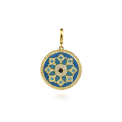 Outlet Gabriel & Co. Enamel - 14K Yellow Gold 24mm Diamond Blue Sapphire and Blue Topaz Bujukan Multicolor Enamel Medallion Pendant With Detachable Bail
