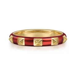 Gabriel & Co. Enamel - 14K Yellow Gold Pyramid Stackable with Chrome Red Enamel