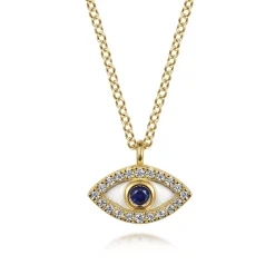 New Gabriel & Co. Enamel - Pendant Necklace Evil Eye 14K Yellow Gold Diamond and Blue Sapphire White Enamel 0.08ct