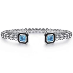 Hot Gabriel & Co. Enamel - 925 Sterling Silver Bujukan Blue Topaz Open Bangle with Black Enamel