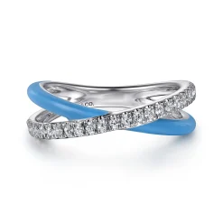 Online Gabriel & Co. Enamel - 925 Sterling Silver White Sapphire Criss Cross Stackable with Dusk Blue Enamel