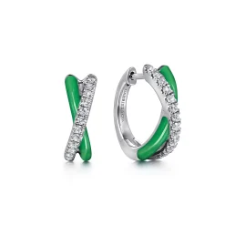 Outlet Gabriel & Co. Enamel - 925 Sterling Silver White Sapphire Criss Cross Huggies with Emerald Green Enamel