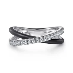 Outlet Gabriel & Co. Enamel - 925 Sterling Silver White Sapphire Criss Cross Stackable with Black Enamel