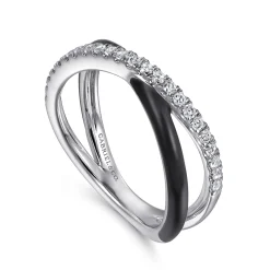 Outlet Gabriel & Co. Enamel - 925 Sterling Silver White Sapphire Criss Cross Stackable with Black Enamel