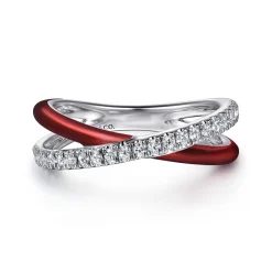 Online Gabriel & Co. Enamel - 925 Sterling Silver White Sapphire Criss Cross Stackable with Chrome Red Enamel