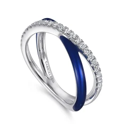 Outlet Gabriel & Co. Enamel - 925 Sterling Silver White Sapphire Criss Cross Stackable with Chrome Blue Enamel