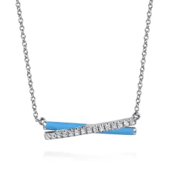 New Gabriel & Co. Enamel - 925 Sterling Silver White Sapphire Criss Cross Bar Necklace with Dusk Blue Enamel