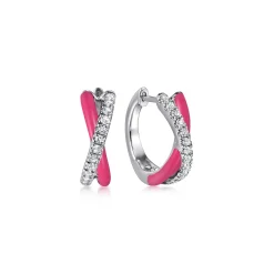 Best Gabriel & Co. Enamel - 925 Sterling Silver White Sapphire Criss Cross Huggies with Fuchsia Enamel