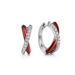 Outlet Gabriel & Co. Enamel - 925 Sterling Silver White Sapphire Criss Cross Huggies with Chrome Red Enamel