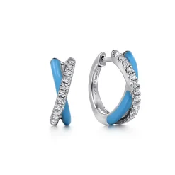 Clearance Gabriel & Co. Enamel - 925 Sterling Silver White Sapphire Criss Cross Huggies with Dusk Blue Enamel