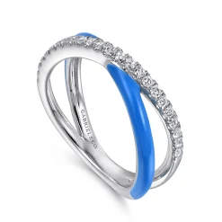 Best Gabriel & Co. Enamel - 925 Sterling Silver White Sapphire Criss Cross Stackable with Blue Enamel