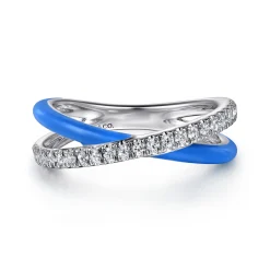 Best Gabriel & Co. Enamel - 925 Sterling Silver White Sapphire Criss Cross Stackable with Blue Enamel