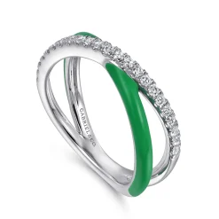Clearance Gabriel & Co. Enamel - 925 Sterling Silver White Sapphire Criss Cross Stackable with Emerald Green Enamel
